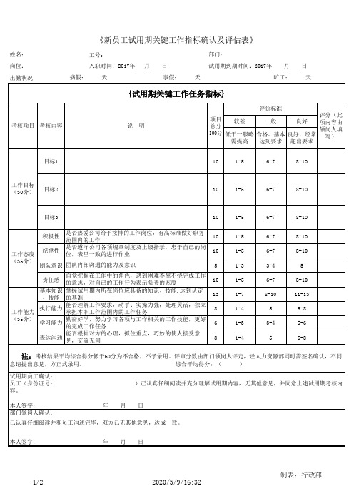 新员工试用期关键工作指标确认及评估表