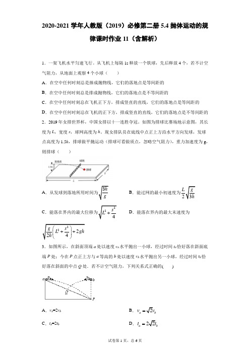 2020-2021学年高中物理新人教版必修第二册 5.4抛体运动的规律 课时作业11(含解析)