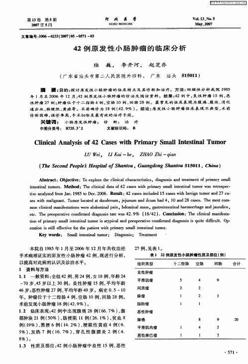 42例原发性小肠肿瘤的临床分析