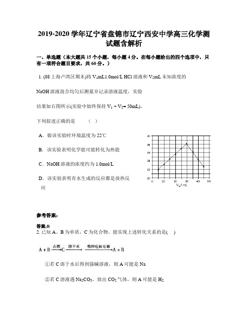 2019-2020学年辽宁省盘锦市辽宁西安中学高三化学测试题含解析