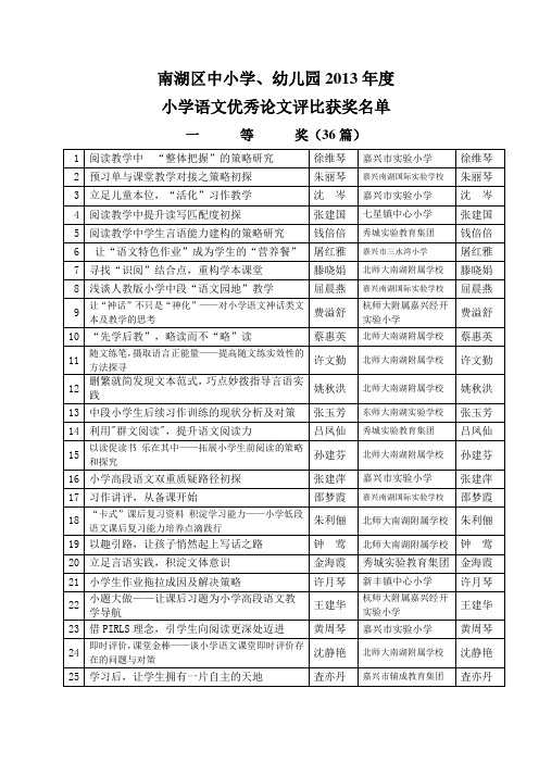 南湖区中小学、幼儿园2013年度 小学语文优秀论文评比获奖名单