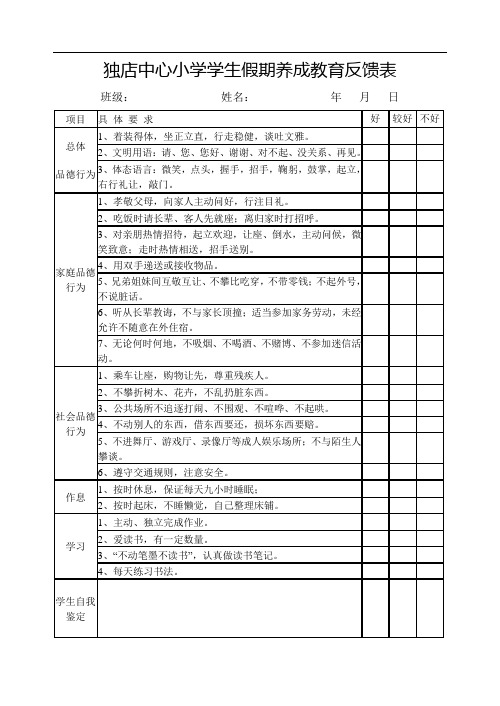 (完整word版)小学学生假期养成教育反馈表