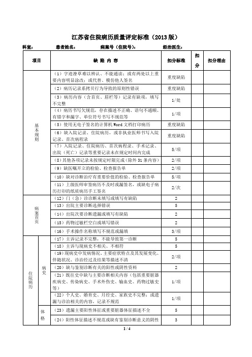 住院病历质量评定标准