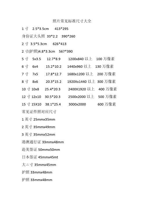 照片常见标准尺寸大全