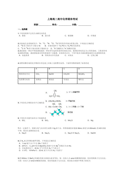 上海高二高中化学期末考试带答案解析
