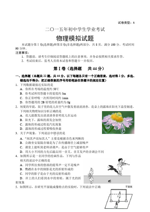 中考三模 山东省泰安市肥城市2015届九年级中考第三次模拟考试物理试题及答案