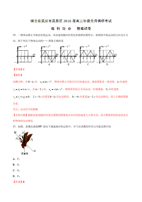 精品：湖北省武汉市武昌区2016届高三下学期元月调研考试理综物理试题(解析版)