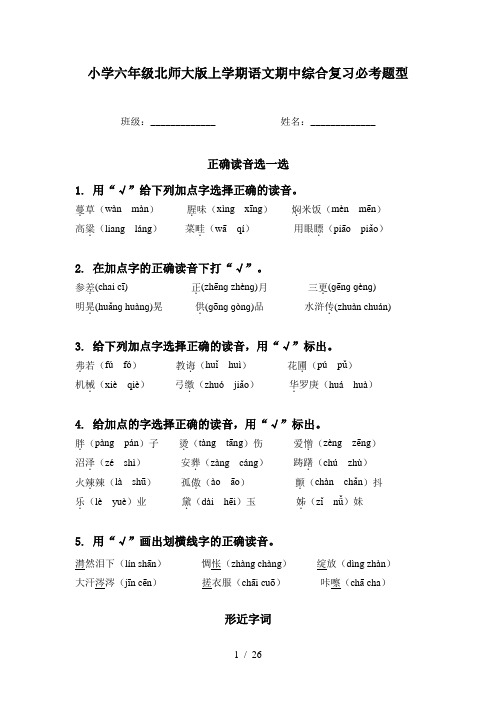 小学六年级北师大版上学期语文期中综合复习必考题型