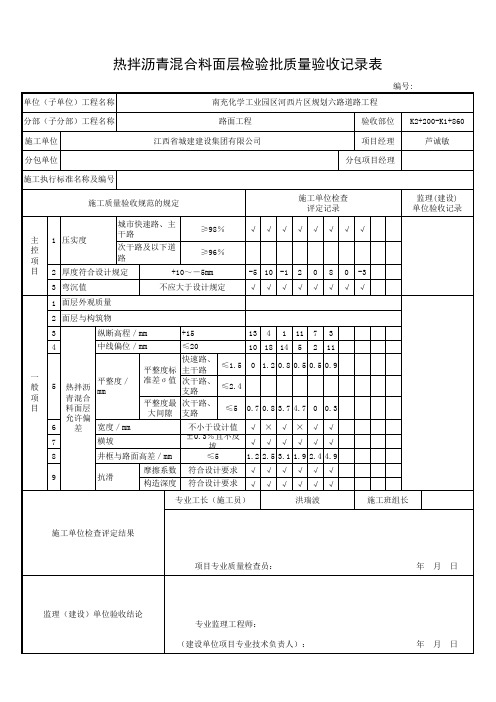 热拌沥青混合料面层检验批质量验收记录表