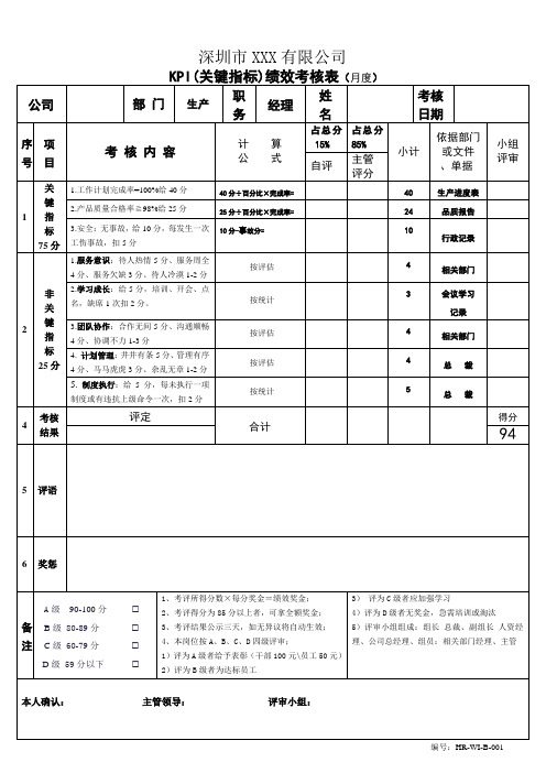 KPI考核(生产经理)