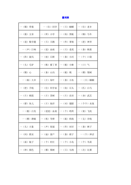 小学语文二年级量词表+练习题附参考答案