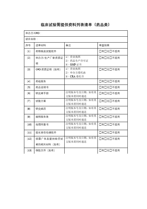 临床试验需提供资料列表清单【模板】