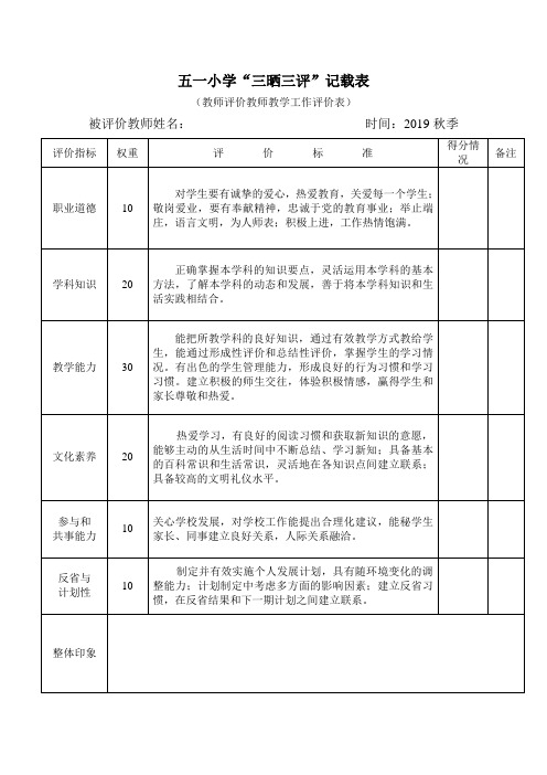 五一小学教师评价教师教学工作评价表