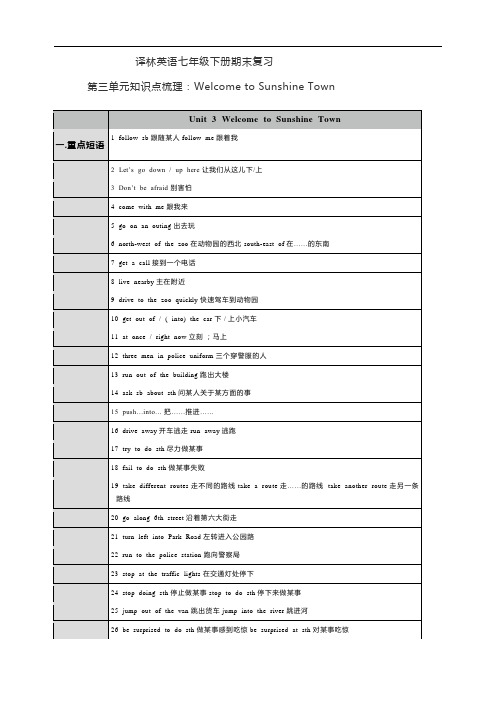 译林英语七年级下册期末复习第三单元知识点梳理：Welcome to Sunshine Town