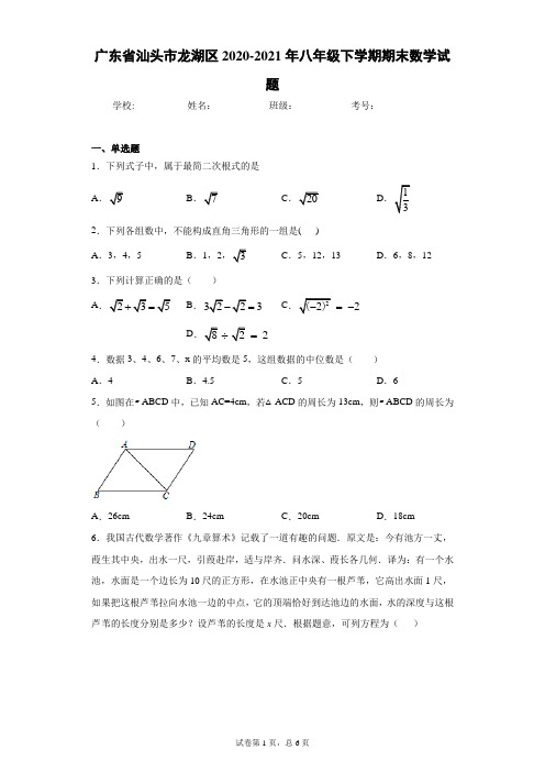 广东省汕头市龙湖区2020-2021年八年级下学期期末数学试题(word版 含答案)