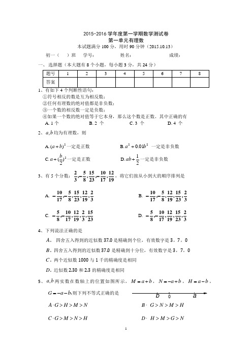 2015-2016第一单元有理数测试题2015汇总