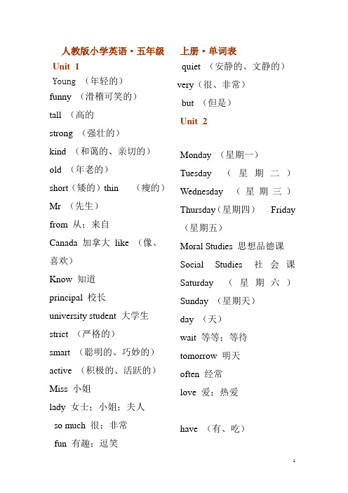 人教版小学英语五年级单词表