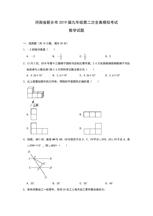 河南省新乡市2019届九年级第二次全真模拟考试数学试题(解析版)