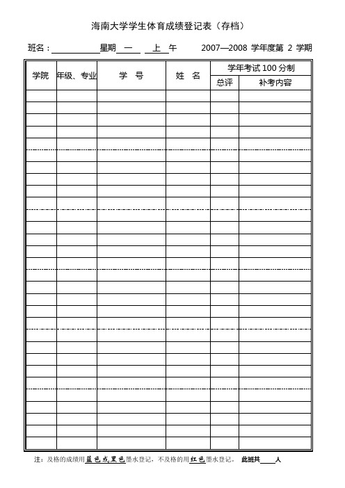 海南大学学生体育成绩登记表(存档)