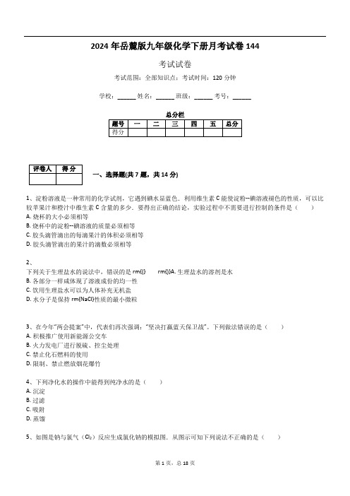 2024年岳麓版九年级化学下册月考试卷144