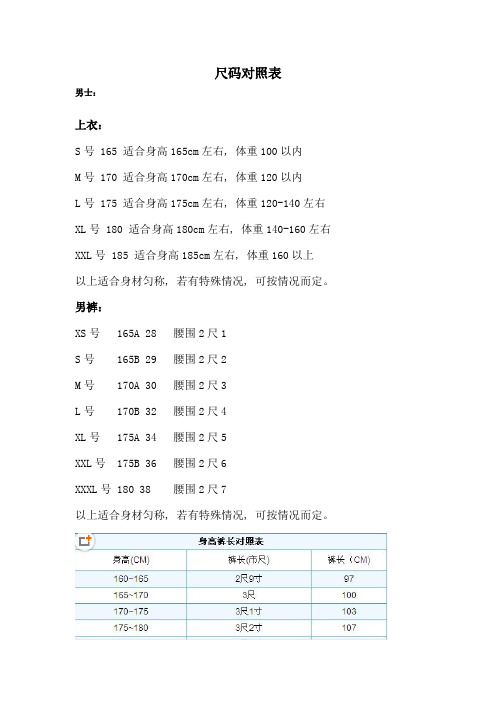 服装、鞋子尺码对照表