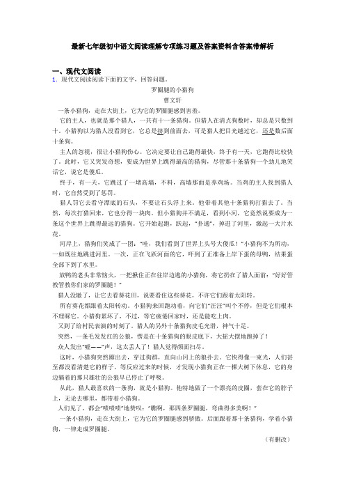 最新七年级初中语文阅读理解专项练习题及答案资料含答案带解析