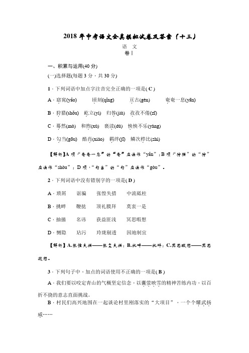 2018年中考语文全真模拟试卷及答案(十三)