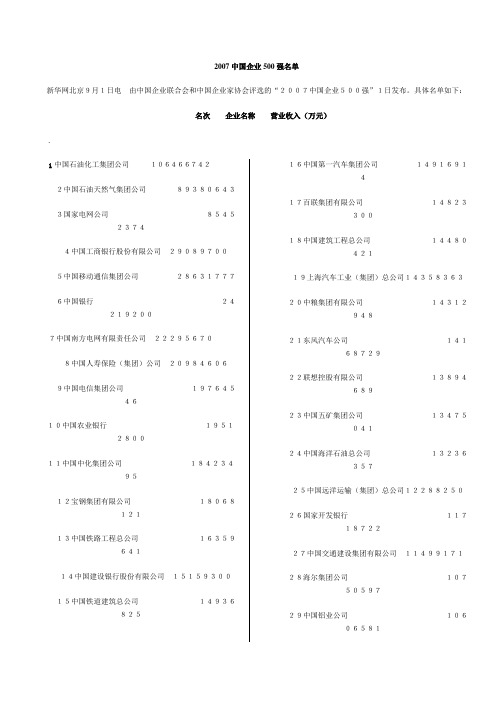 2007中国企业500强名单