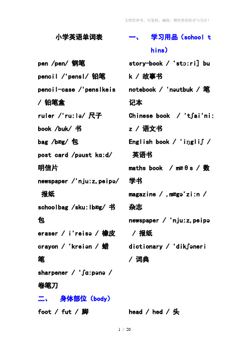 小学英语单词分类表带音标特别排版整理