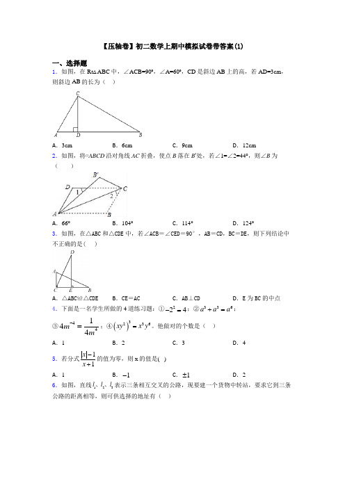 【压轴卷】初二数学上期中模拟试卷带答案(1)