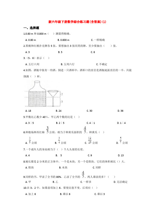 【10套试卷】重庆巴蜀中学小升初一模数学试题及答案(1)