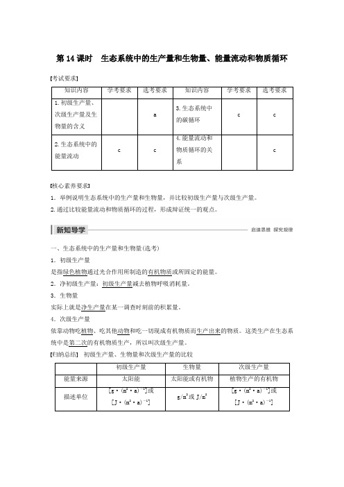 高中生物第六章生态系统第14课时生态系统中的生产量和生物量、能量流动和物质循环学案浙科版必修3