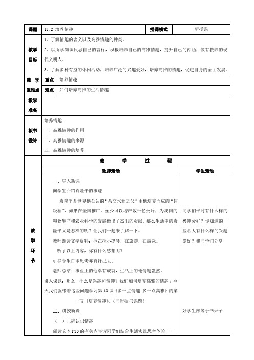 【苏教版】思品八年级下册13.2培养情趣教案