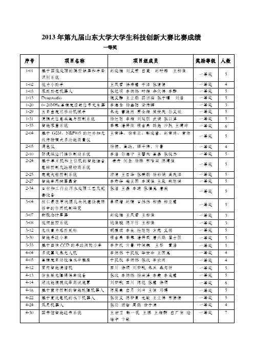 2013年第九届山东大学大学生科技创新大赛比赛成绩