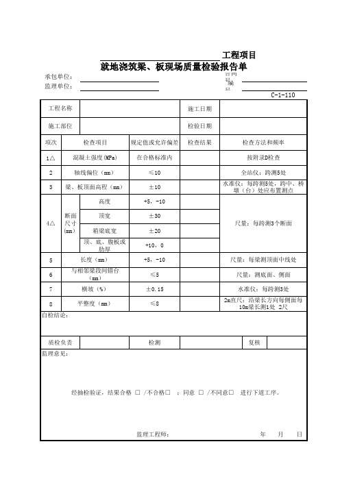 WX-C-1-100(C-1-110) 就地浇筑梁、板现场质量检验报告单