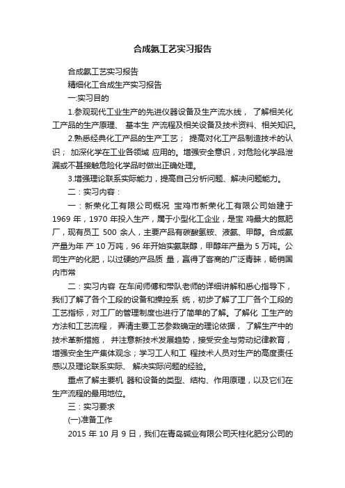 合成氨工艺实习报告