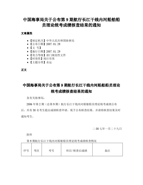 中国海事局关于公布第9期航行长江干线内河船舶船员理论统考成绩核查结果的通知