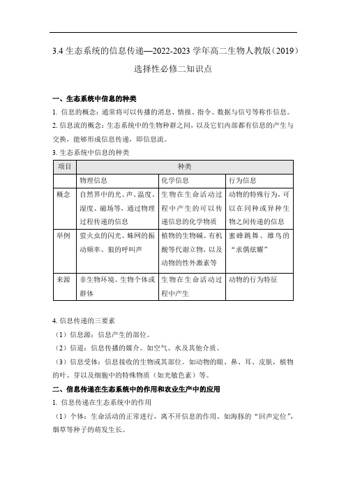 3-4生态系统的信息传递—2022-2023学年高二生物人教版(2019)选择性必修二知识点