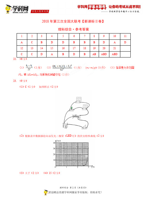 5月2018届高三第三次全国大联考(新课标Ⅱ卷)理综卷(参考答案)