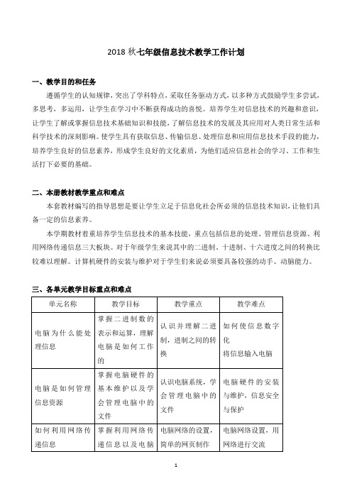 2018年秋七年级信息技术教学工作计划