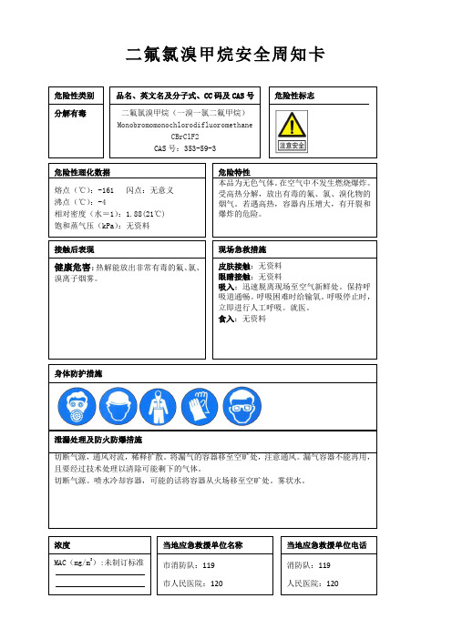 二氟氯溴甲烷安全周知卡、职业危害告知卡、理化特性表