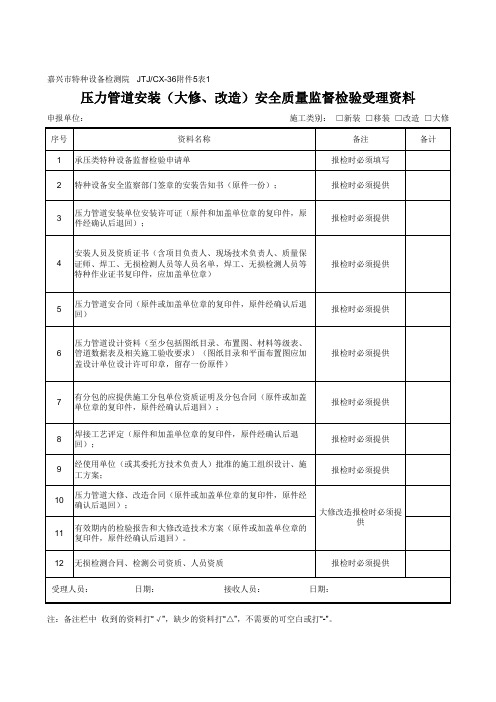 嘉兴市压力管道安装(大修、改造)安全质量监督检验受理资料