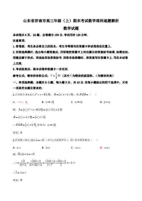 山东省济南市高三年级(上)期末考试数学理科逐题解析