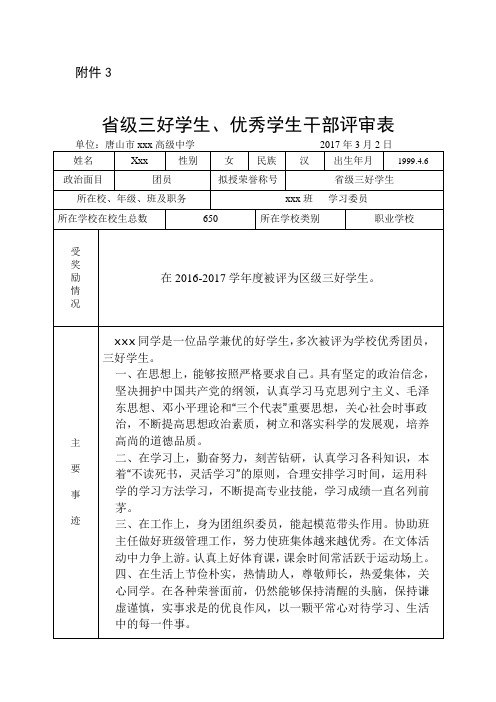 xxx省级三好学生、优秀学生干部评审表