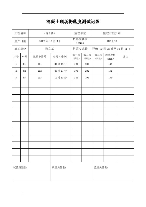 混凝土现场坍落度测试记录