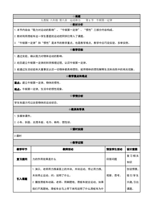 八年级物理下册8.1《牛顿第一定律》教学设计