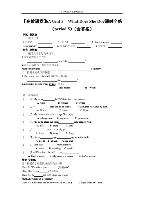 人教PEP版-英语-六年级上册-6A Unit 5  What Does She Do课时全练(period 5)(含答案)