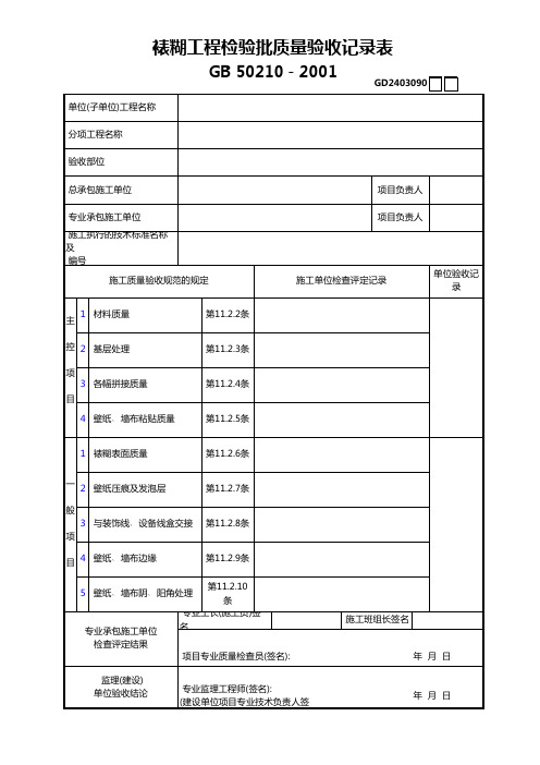 裱糊工程检验批质量验收记录表