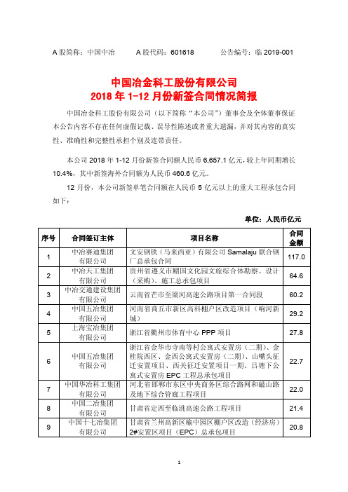 中国冶金科工股份有限公司2018年1-12月份新签合同情况简报