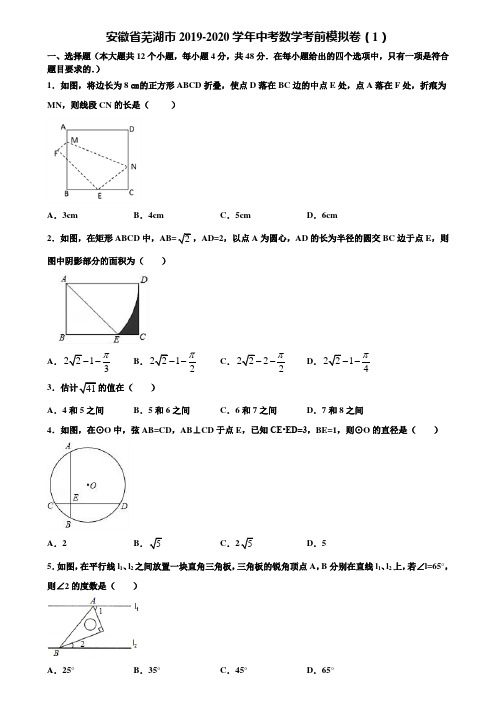 安徽省芜湖市2019-2020学年中考数学考前模拟卷(1)含解析